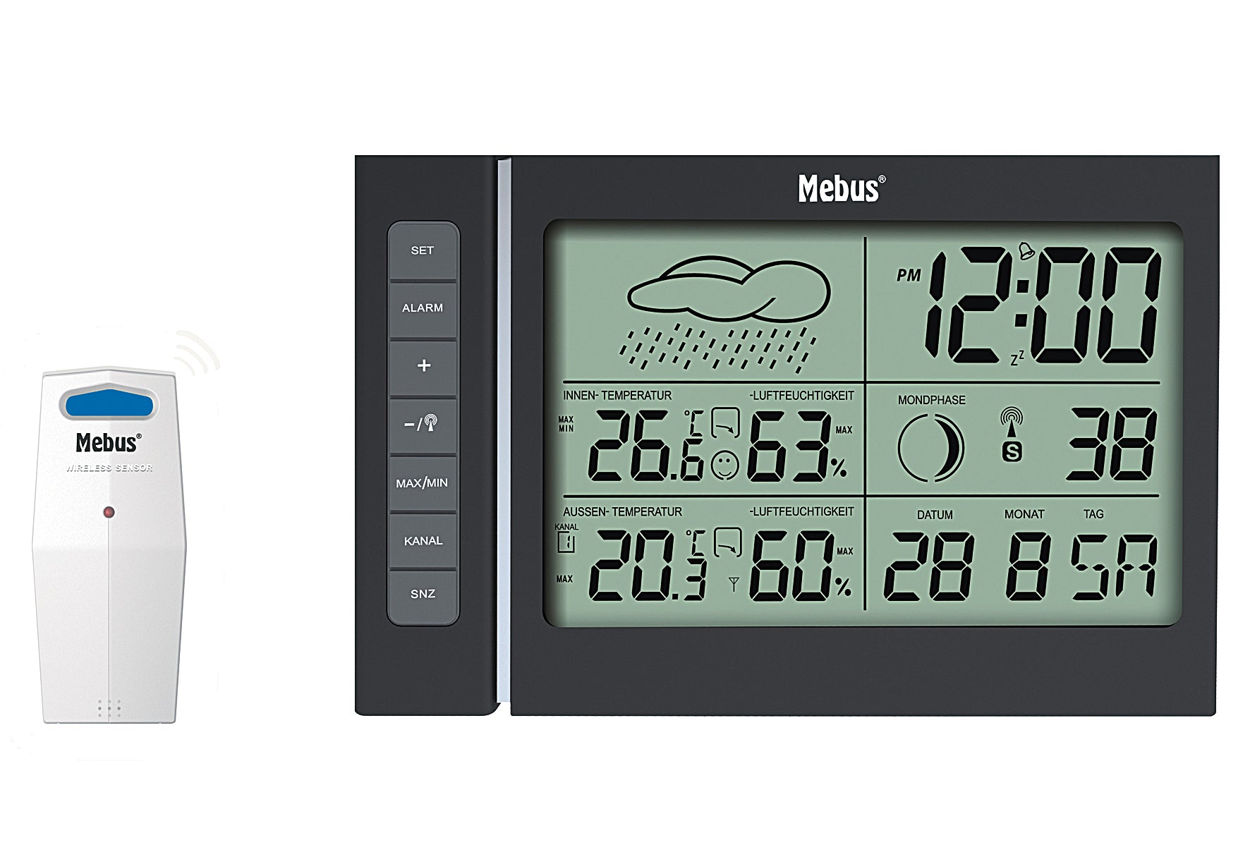 MEBUS Funk-Wetterstation digital mit Funksensor und Wetterprognose 11x18x2,2cm schwarz