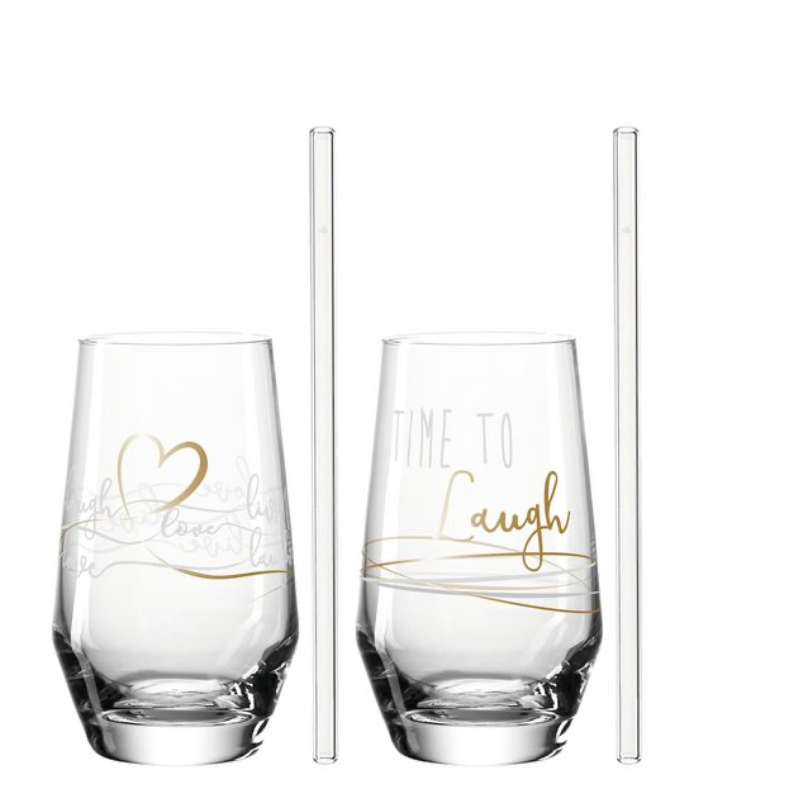 LEONARDO Longdrinkbecher + 2 Trinkhalme Laugh 2er Set
